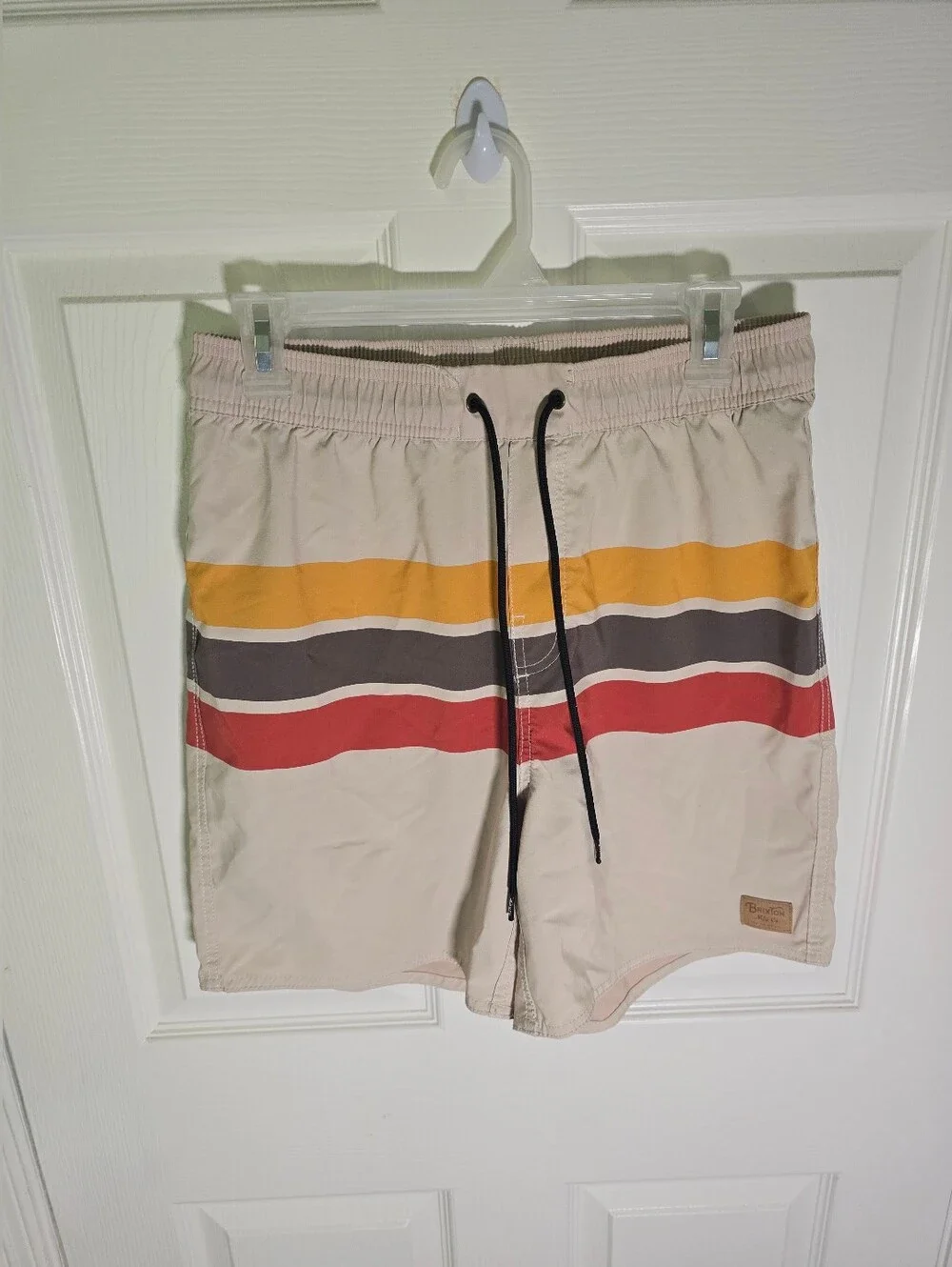Brixton Mens Striped Beige Boardshorts Swim Trunks no liner Medium